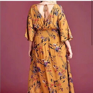 SHE + SKY  MULTI COLOR FALL FLORAL SMOCKED WAIST MAXI DRESS WIDE SLEEVES SIZE M